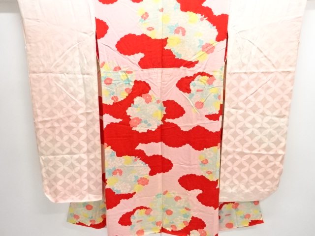 JAPANESE KIMONO / ANTIQUE JUBAN FOR FURISODE / SILK / FLORAL ROUNDEL CREST
